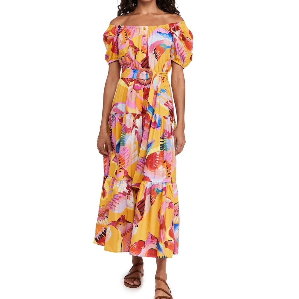 Farm Rio Neon Macaws Maxi Dress Size M Boho Women Cotton Short Sleeve Belted